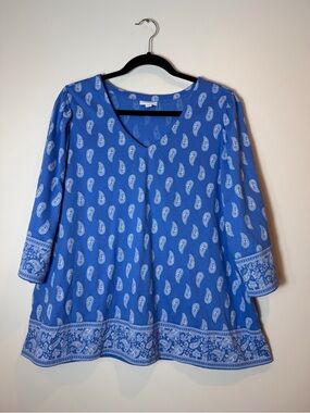 J.Jill Blue Paisley Print V-Neck Blouse Top 100% Cotton Size L